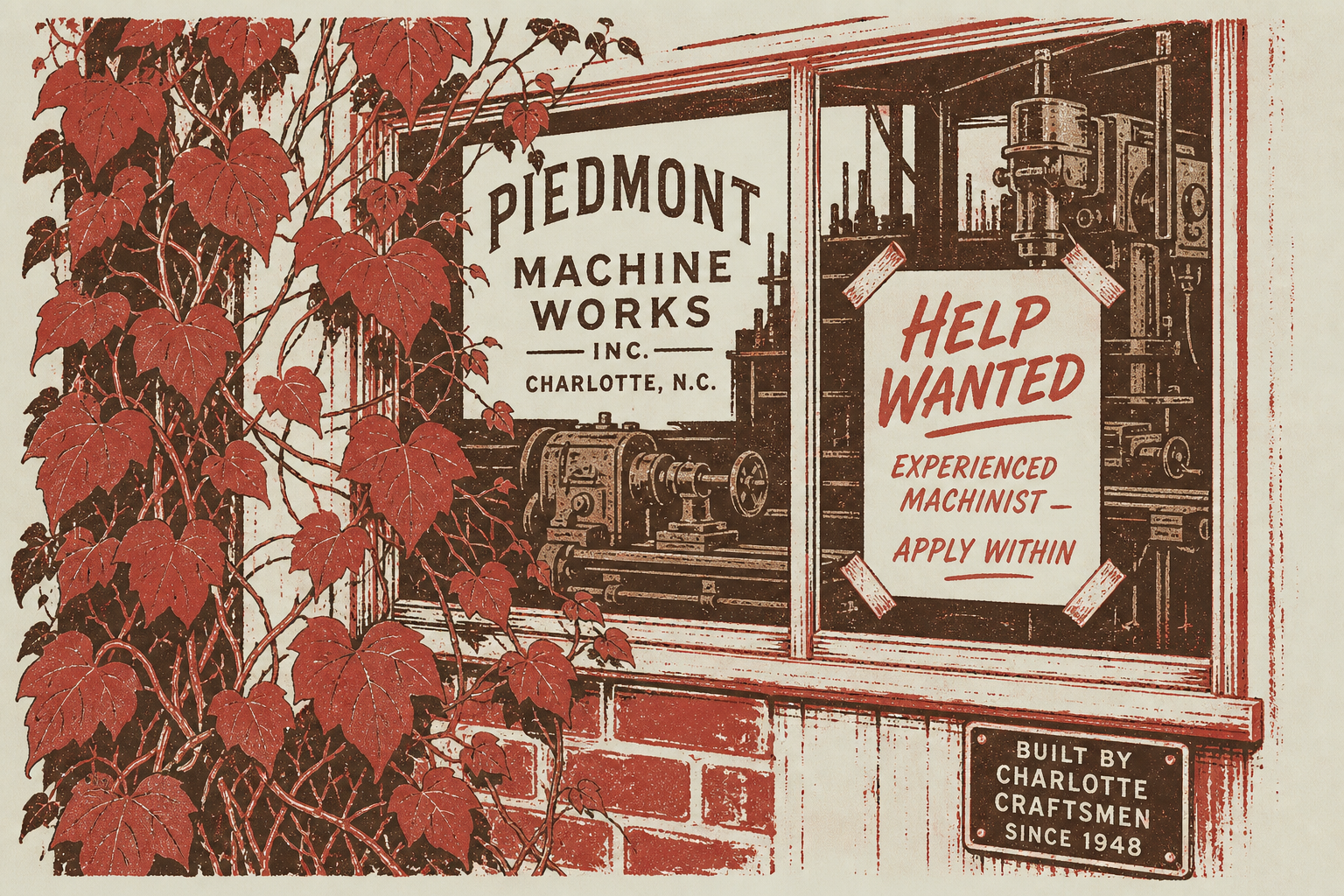 A hand-lettered help wanted card taped inside the window of a small Charlotte shop, kudzu growing up the glass